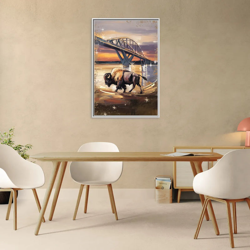 Buffalo Peace Bridge Glow - Living Room White Frame Canvas