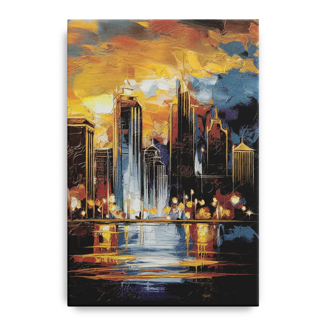 Kansas City Downtown By Night Panorama - Canvas Wall Art
