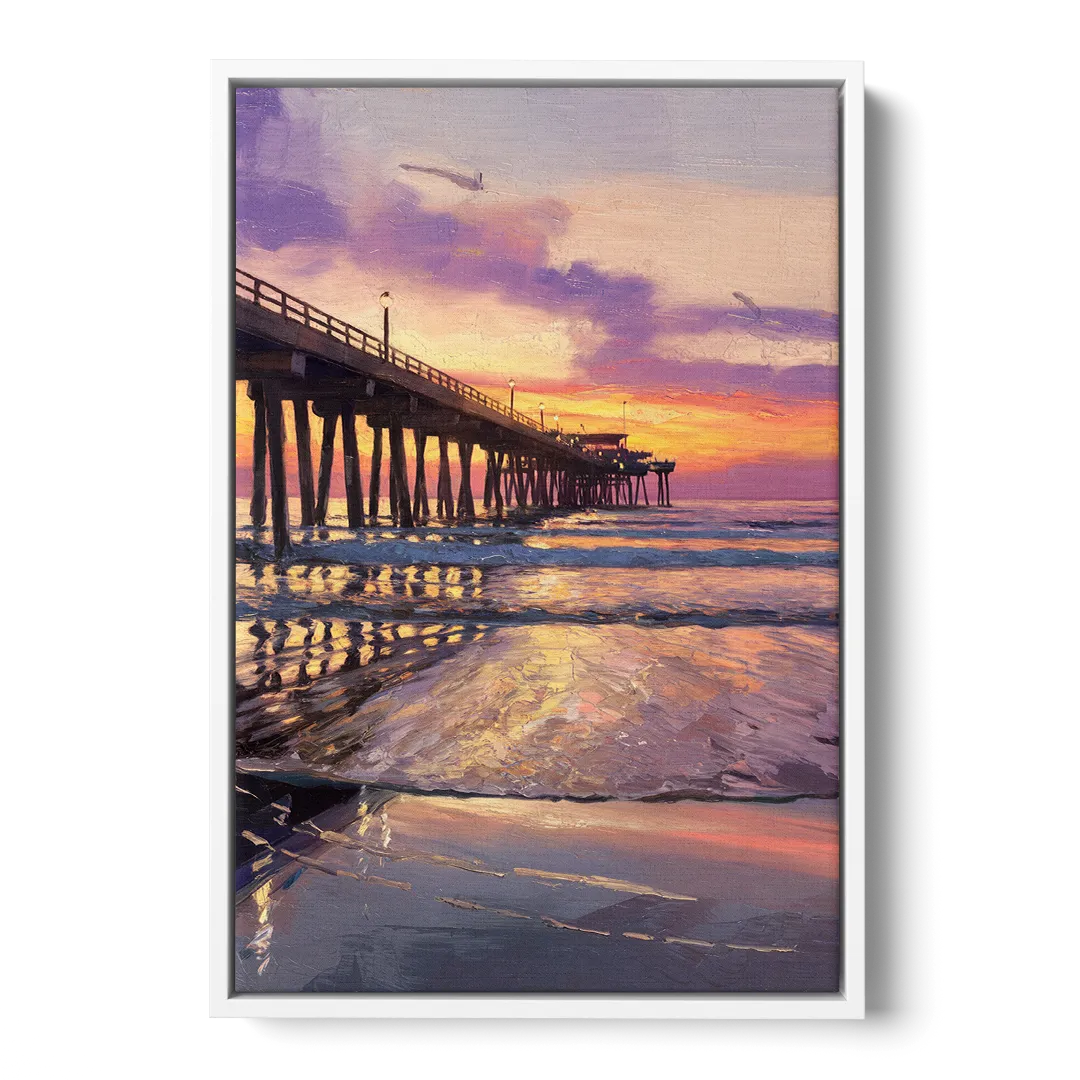 Long Beach Pier at Sunset - White Frame Canvas