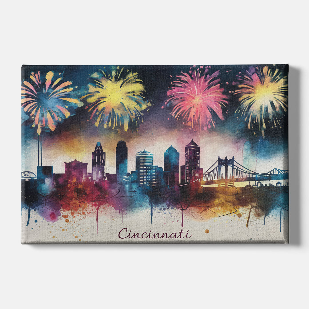 Cincinnati Skyline With Fireworks - Canvas Wall Art