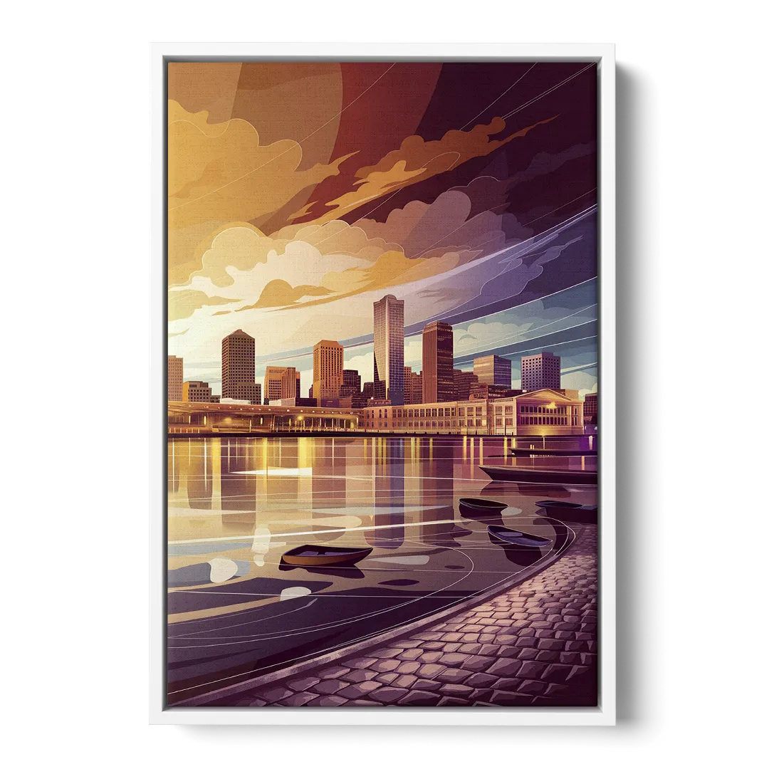 Boston Skyline at Sunset - White Frame Canvas
