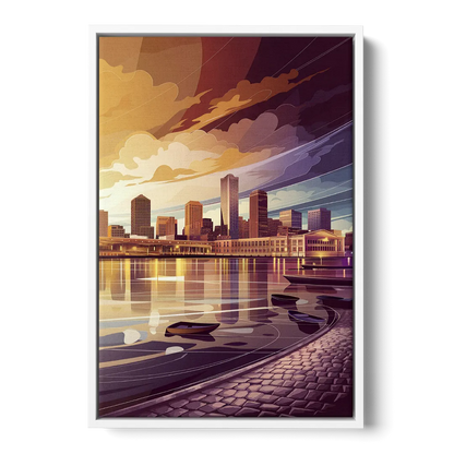 Boston Skyline at Sunset - White Frame Canvas