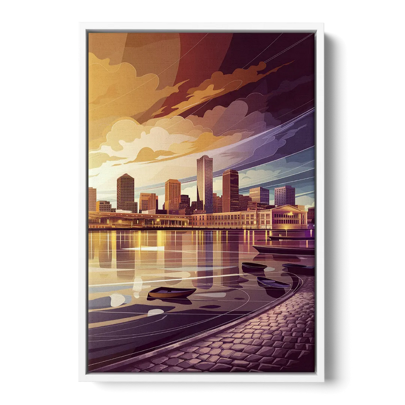 Boston Skyline at Sunset - White Frame Canvas