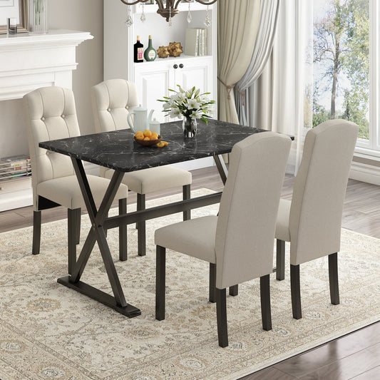 5-Piece Solid Wood Dining Set with Faux Marble Top – Sleek & Elegant