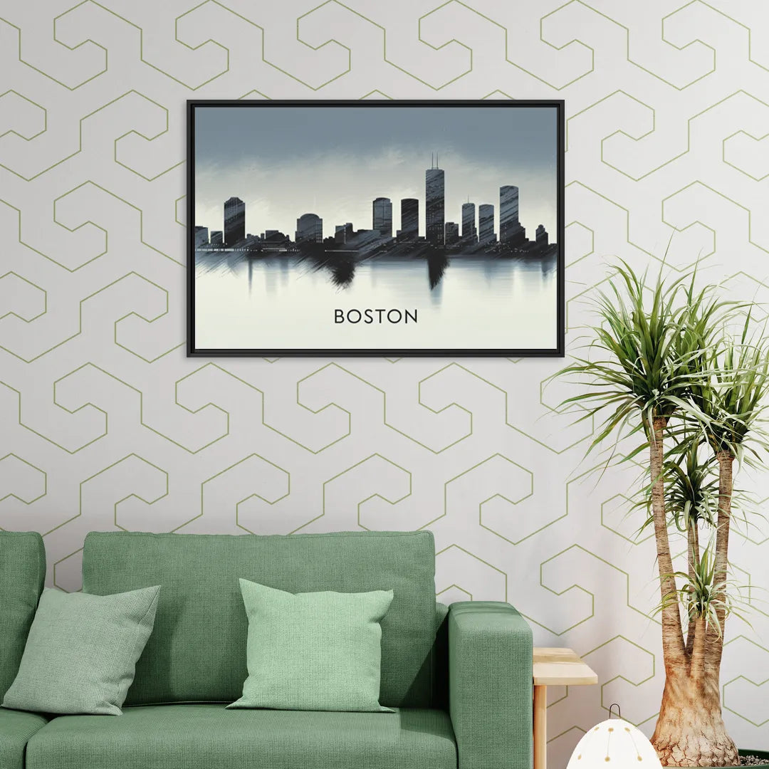 Boston Skyline In Fog - Living Room Black Frame Canvas