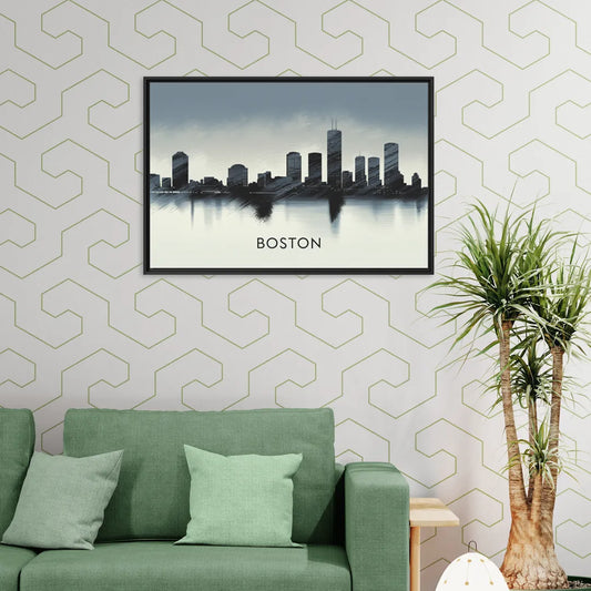 Boston Skyline In Fog - Living Room Black Frame Canvas