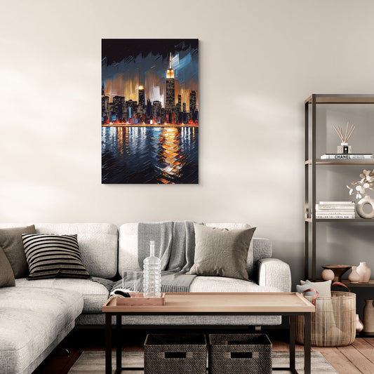 New York City Skyline by Nightfall Hudson - Canvas Wall Art Living Room