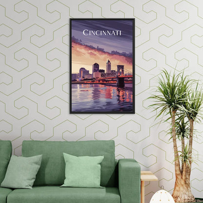 Cincinnati Skyline Over the Ohio River - Living Room Black Frame Canvas