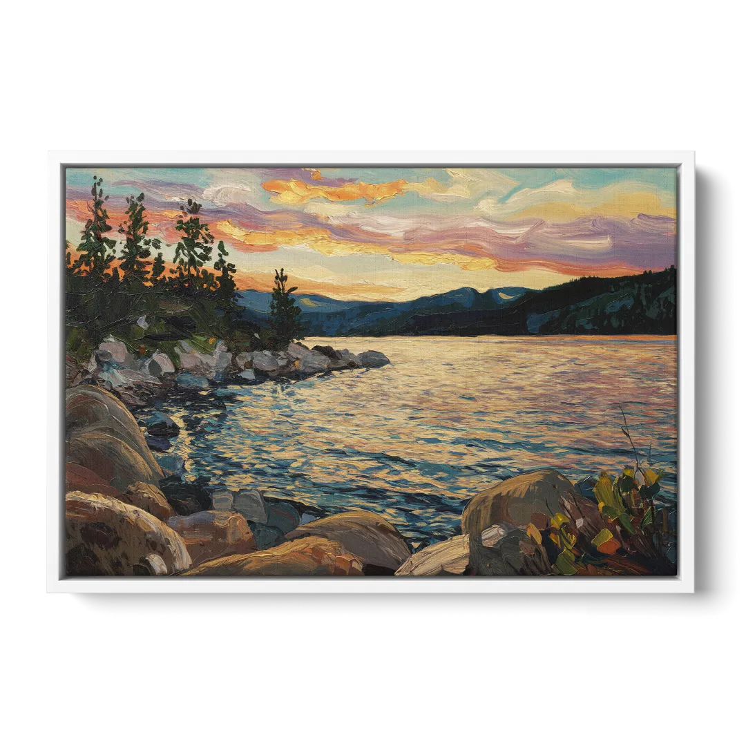 Lake Tahoe Sunset Reflections Serenity - White Frame Canvas
