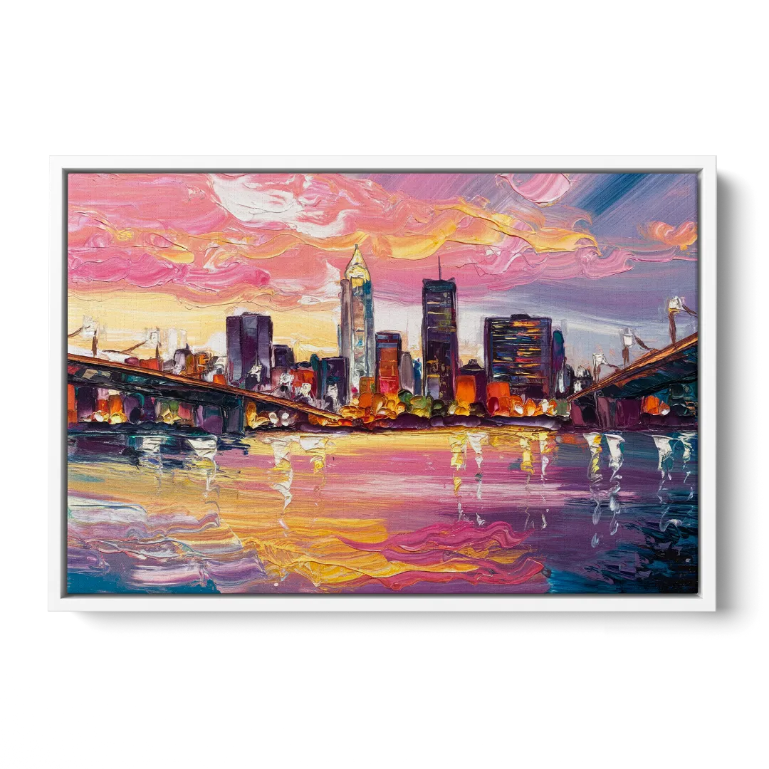 Cleveland Skyline At Sunset - White Frame Canvas