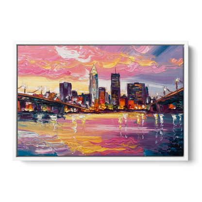 Cleveland Skyline At Sunset - White Frame Canvas