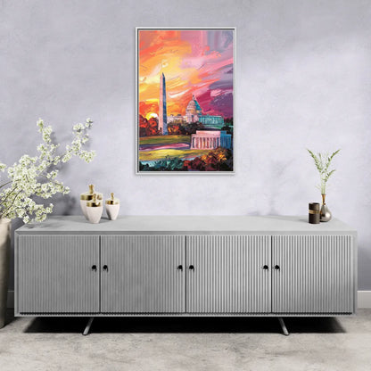 Washington DC Skyline Sunset - Living Room White Frame Canvas