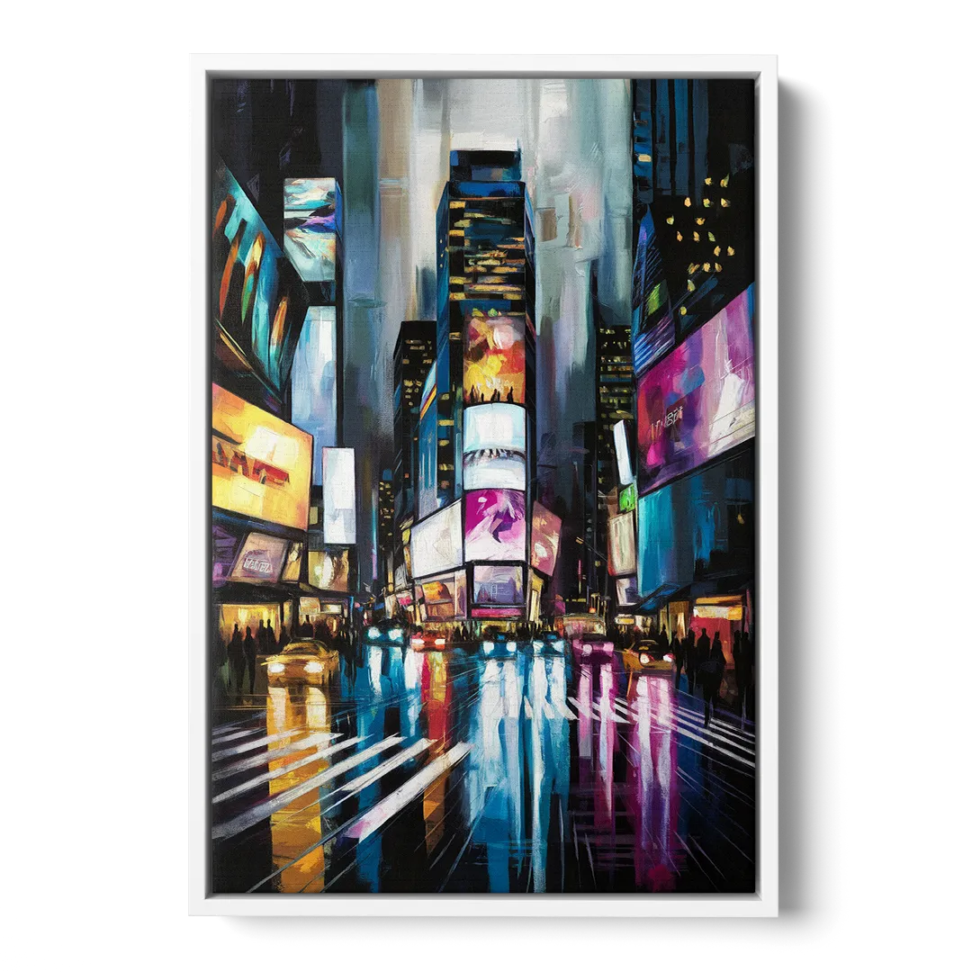 New York City Times Square Lights - White Frame Canvas