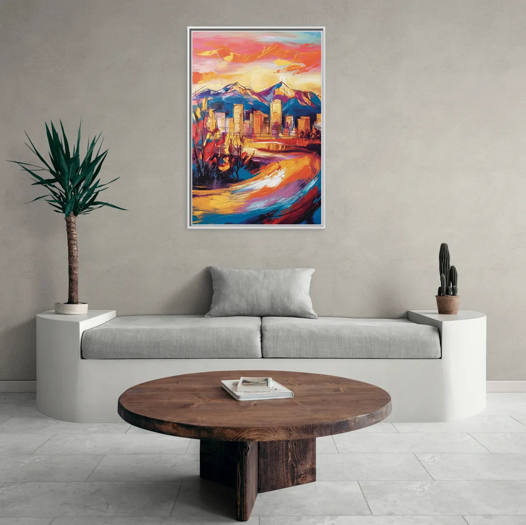 Colorado Springs Skyline Sunset - Living Room White Frame Canvas