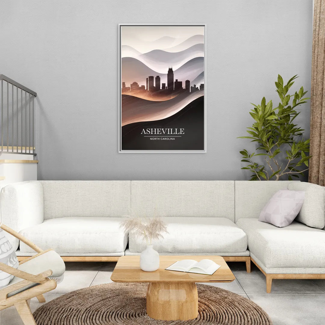 Asheville Skyline and Mountains - Living Room White Frame Canvas