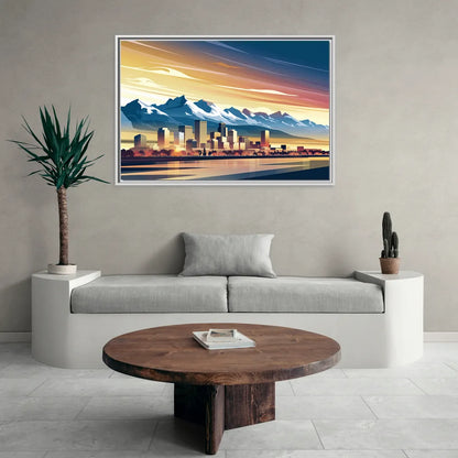 Denver Sunset Over Rockies - Living Room White Frame Canvas