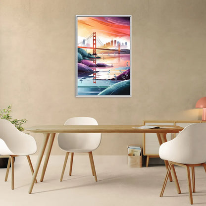 San Francisco Golden Gate Reflection - Living Room White Frame Canvas