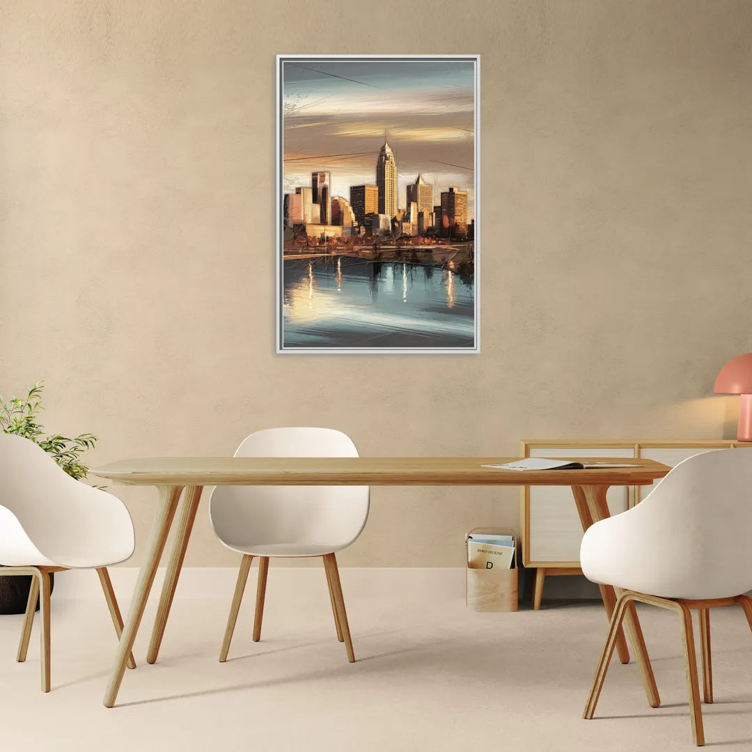 Des Moines Skyline Panorama - Living Room White Frame Canvas