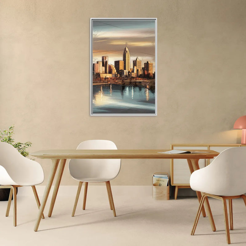 Des Moines Skyline Panorama - Living Room White Frame Canvas