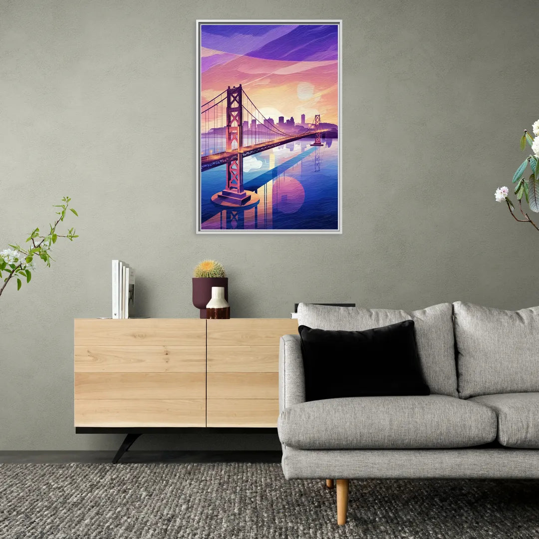 San Francisco Bay Bridge Panorama - Living Room White Frame Canvas