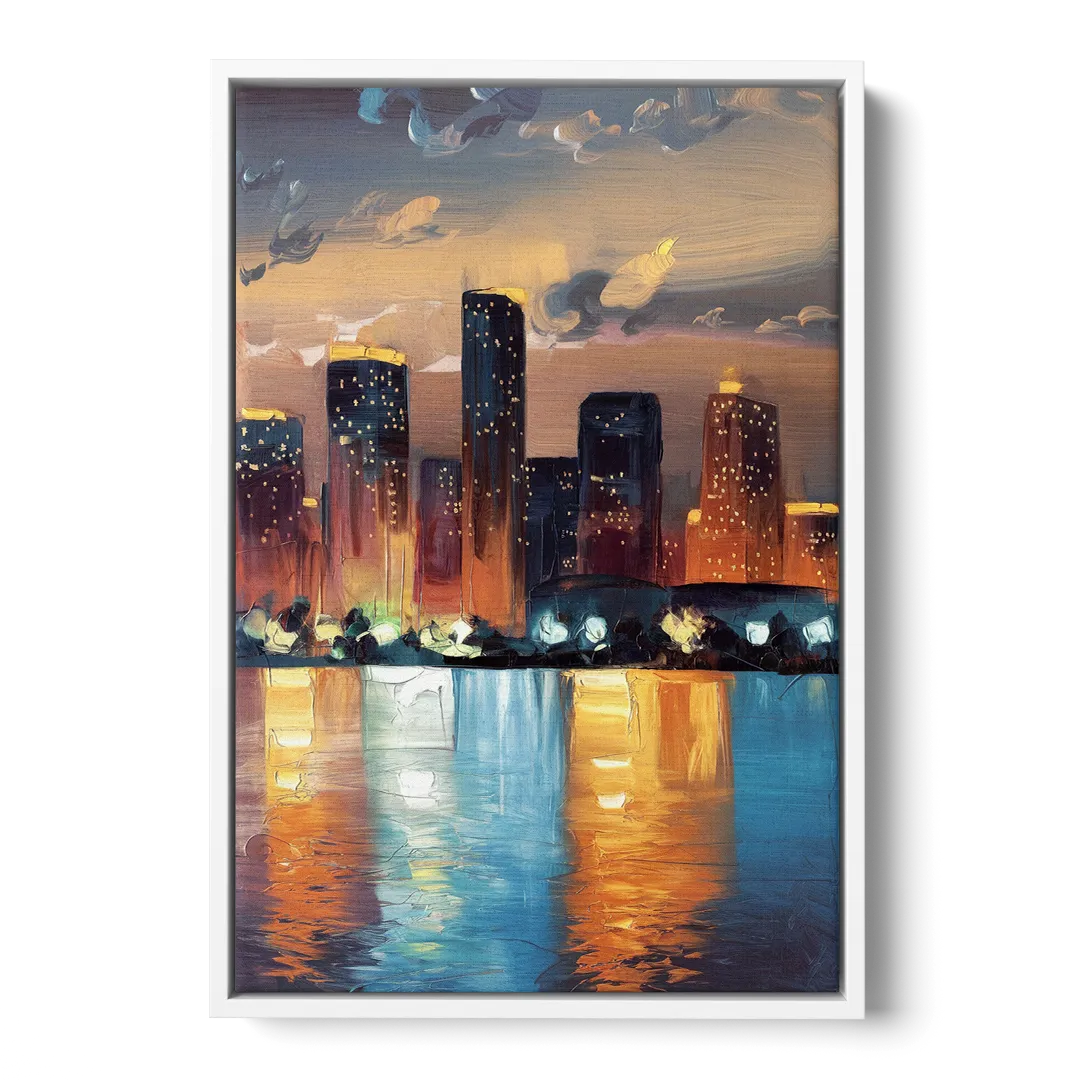 Houston Skyline Glow - White Frame Canvas
