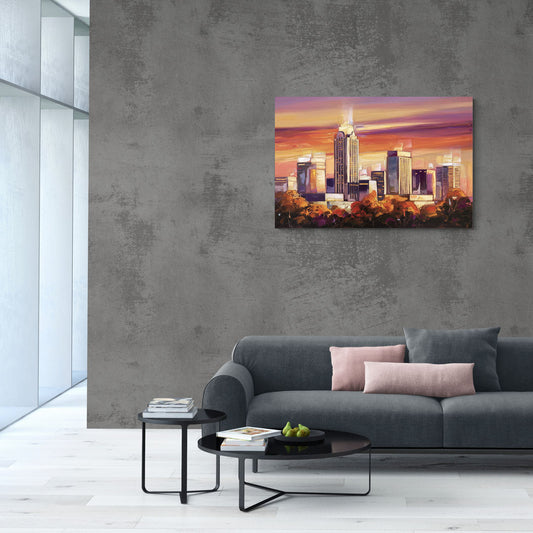 Raleigh Skyline Sunset - Canvas Wall Art Living Room