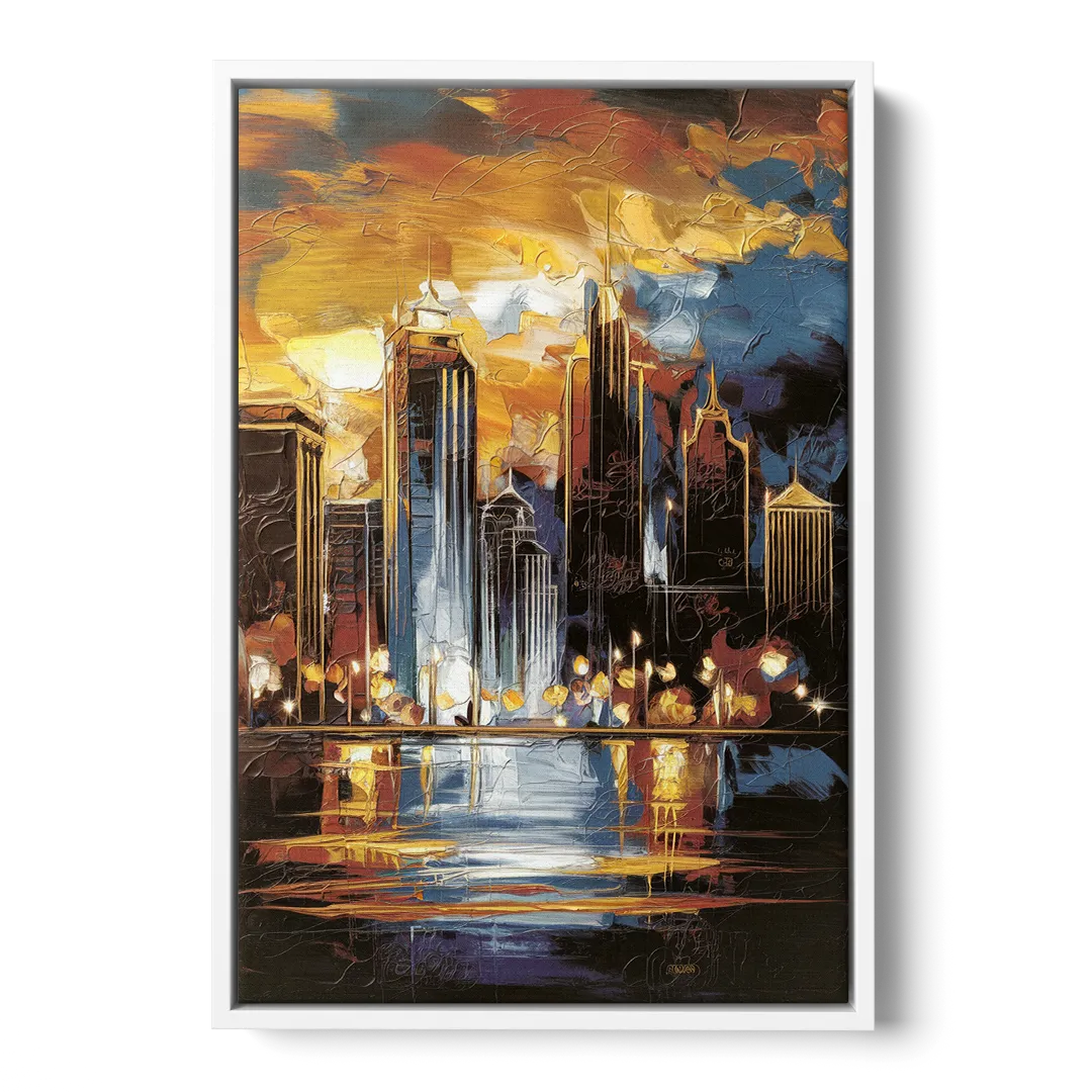 Kansas City Downtown By Night Panorama - White Frame Canvas