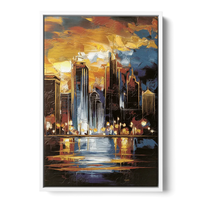 Kansas City Downtown By Night Panorama - White Frame Canvas