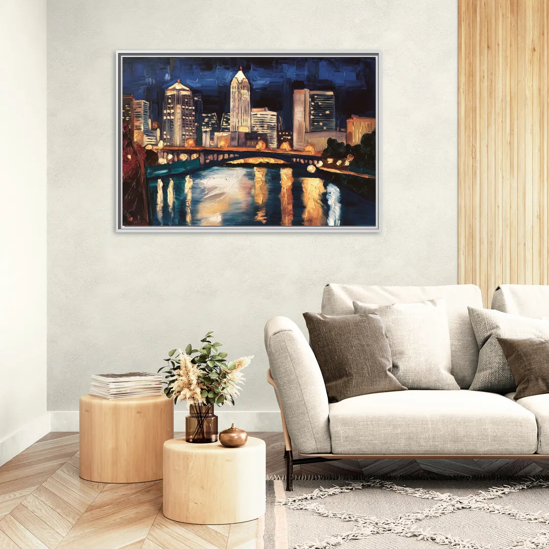 Columbus Nighttime Skyline - Living Room White Frame Canvas