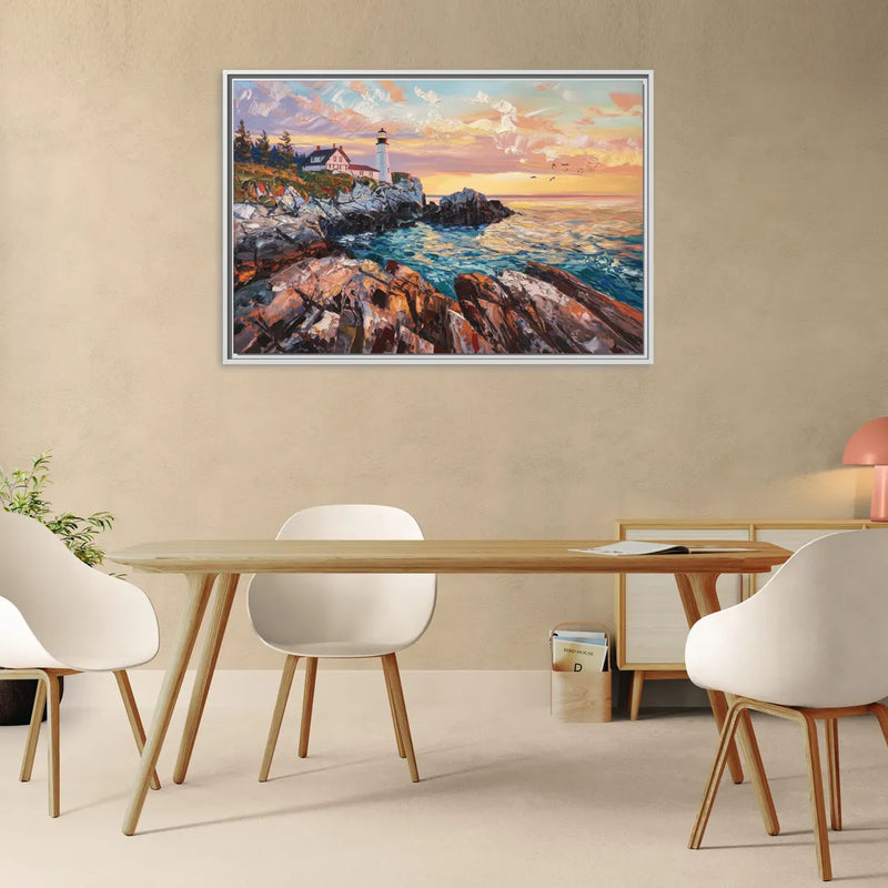 Bar Harbor Lighthouse Landscape - Living Room White Frame Canvas