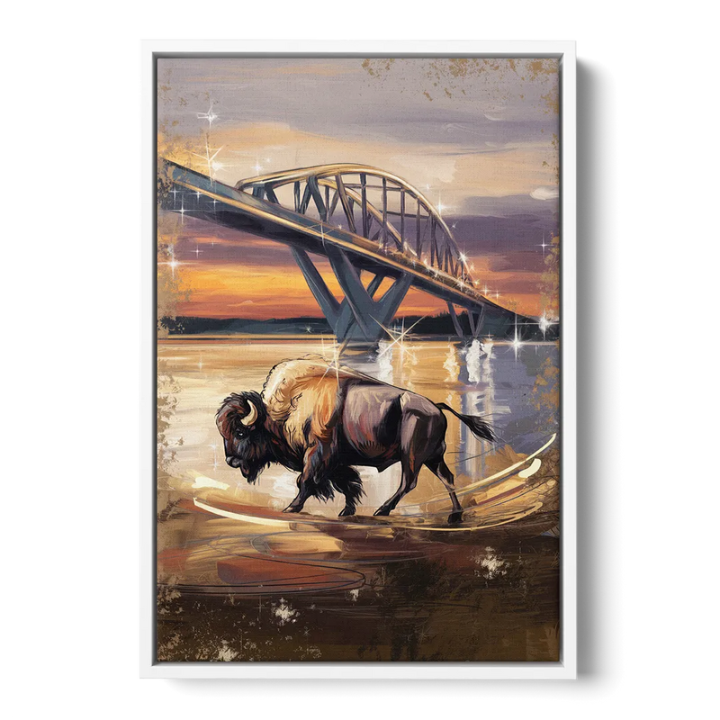 Buffalo Peace Bridge Glow - White Frame Canvas