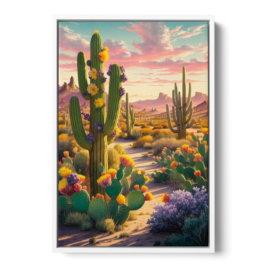 Phoenix Cactus Scene - White Frame Canvas