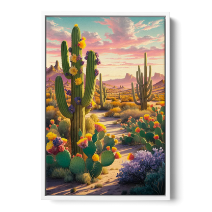 Phoenix Cactus Scene - White Frame Canvas