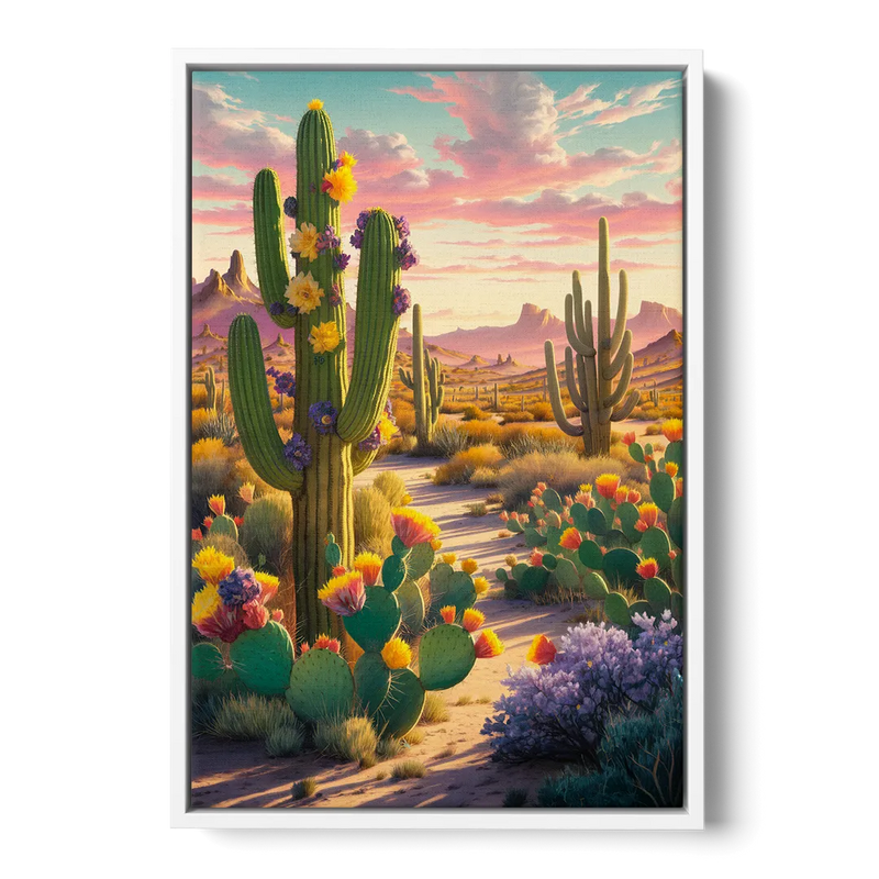 Phoenix Cactus Scene - White Frame Canvas