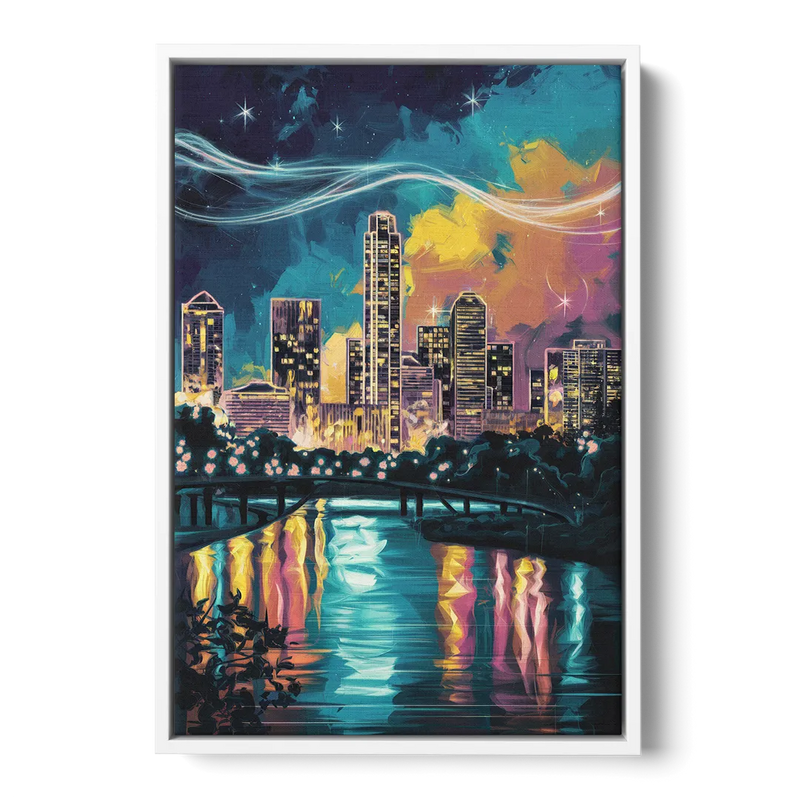 Austin Night Lights - White Frame Canvas