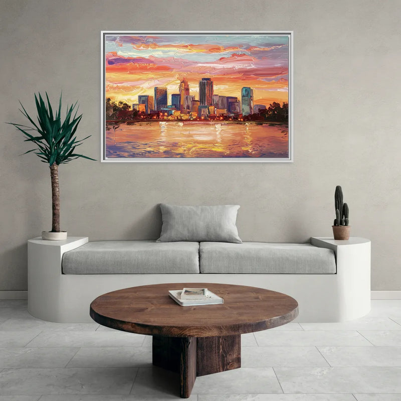 Huntsville Skyline At Sunset - Living Room White Frame Canvas