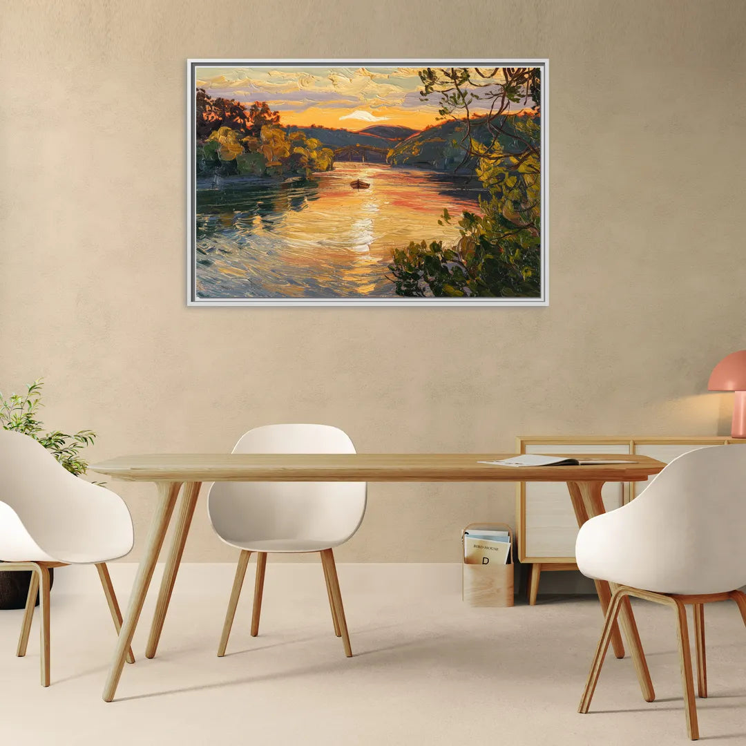 New Hope Delaware River Sunset - Living Room White Frame Canvas