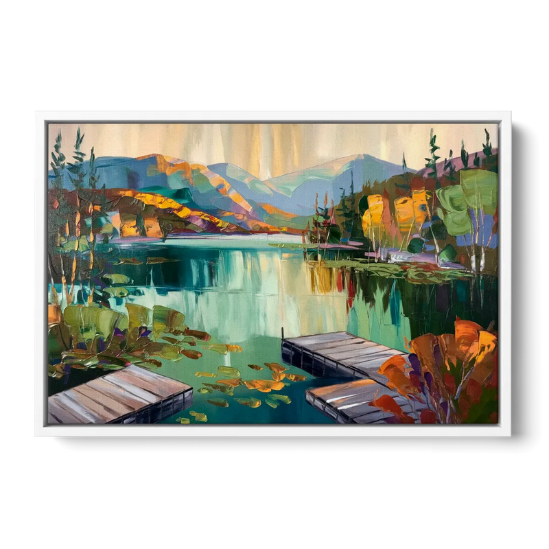 Lake Placid Mirror Lake View - White Frame Canvas