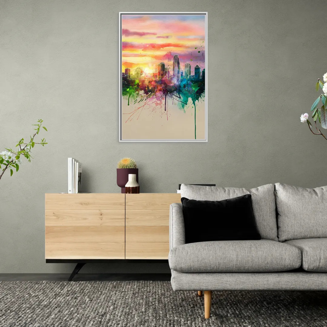 Charlotte Skyline at Sunset - Living Room White Frame Canvas