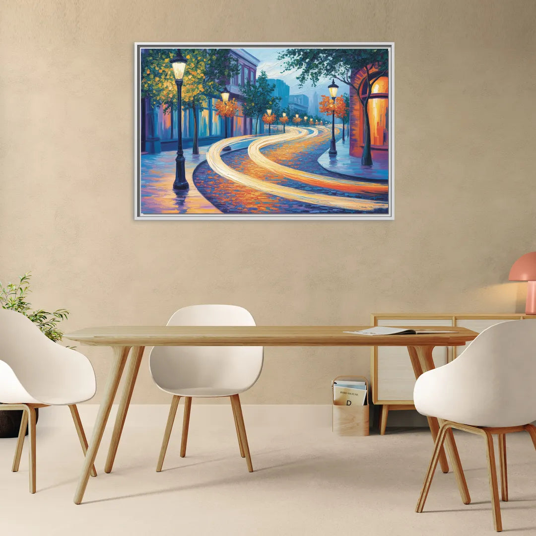 Crescent Street Lights - Living Room White Frame Canvas