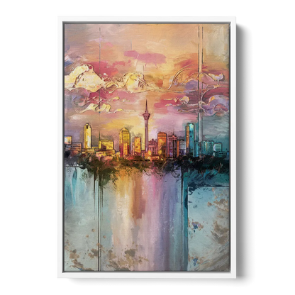 San Antonio Skyline Sunset - White Frame Canvas
