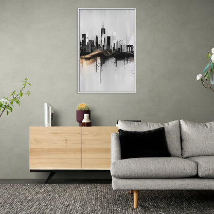 New York City Skyline Black Ink Style Minimalist - Living Room White Frame Canvas
