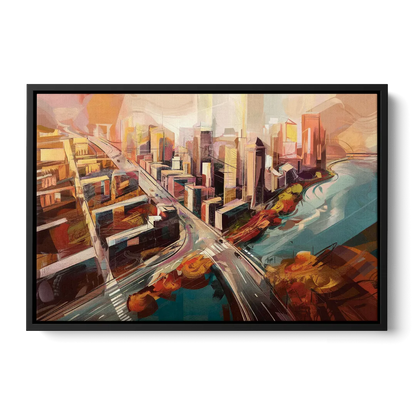 Boston City Streets Aerial View - Black Frame Canvas