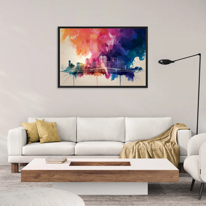 Rochester Skyline At Sunset - Living Room Black Frame Canvas