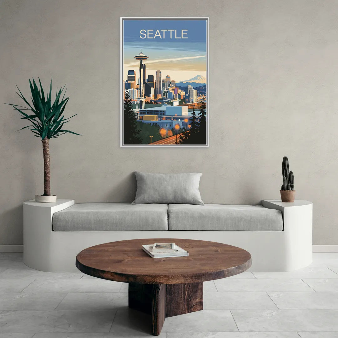 Seattle City at Dusk - Living Room White Frame Canvas