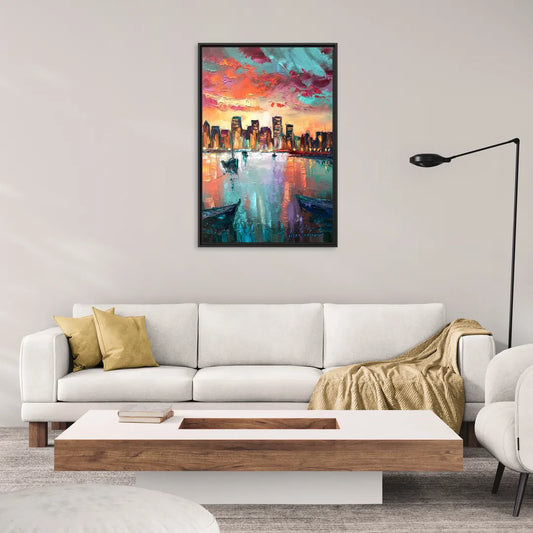 Norfolk Harbor Reflections - Living Room Black Frame Canvas