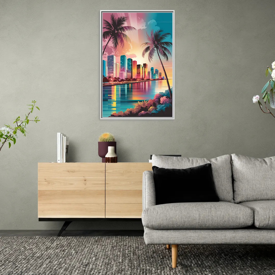 Miami Sunset Boulevard - Living Room White Frame Canvas