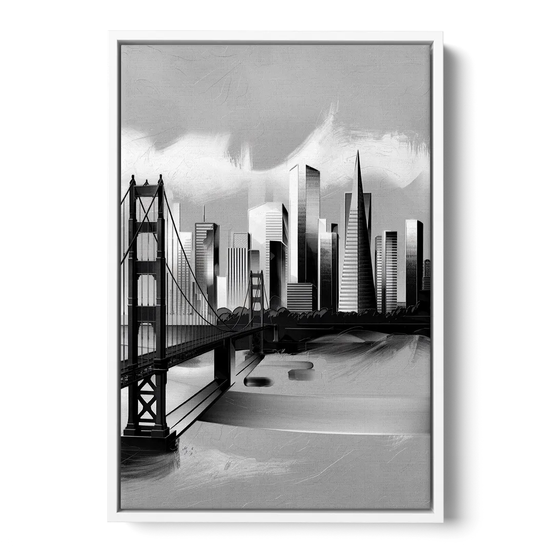 San Francisco Black and White Skyline - White Frame Canvas