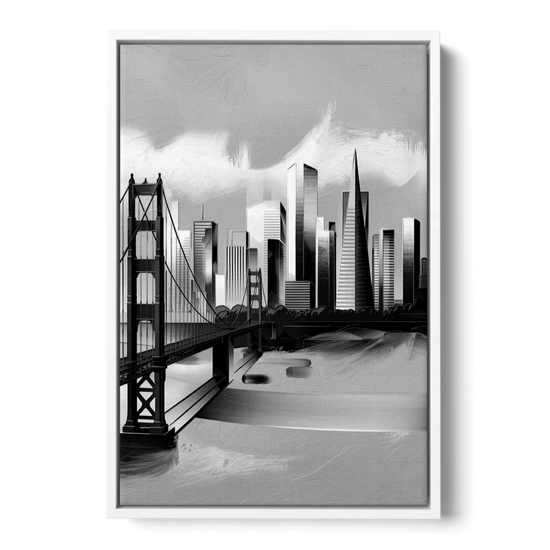 San Francisco Black and White Skyline - White Frame Canvas