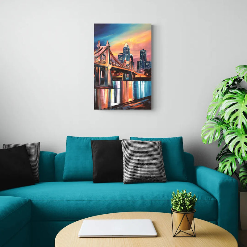 Cincinnati Skyline and Historic Bridges - Canvas Wall Art Living Room